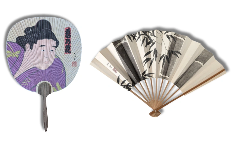 Japanische Handfächer, links ein Uchiwa, rechts ein Sensu