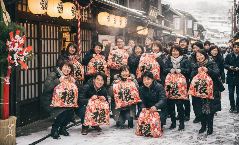 Glückliche Menschen in Japan mit traditionellen roten Fukubukuro Neujahrstüten im Schnee