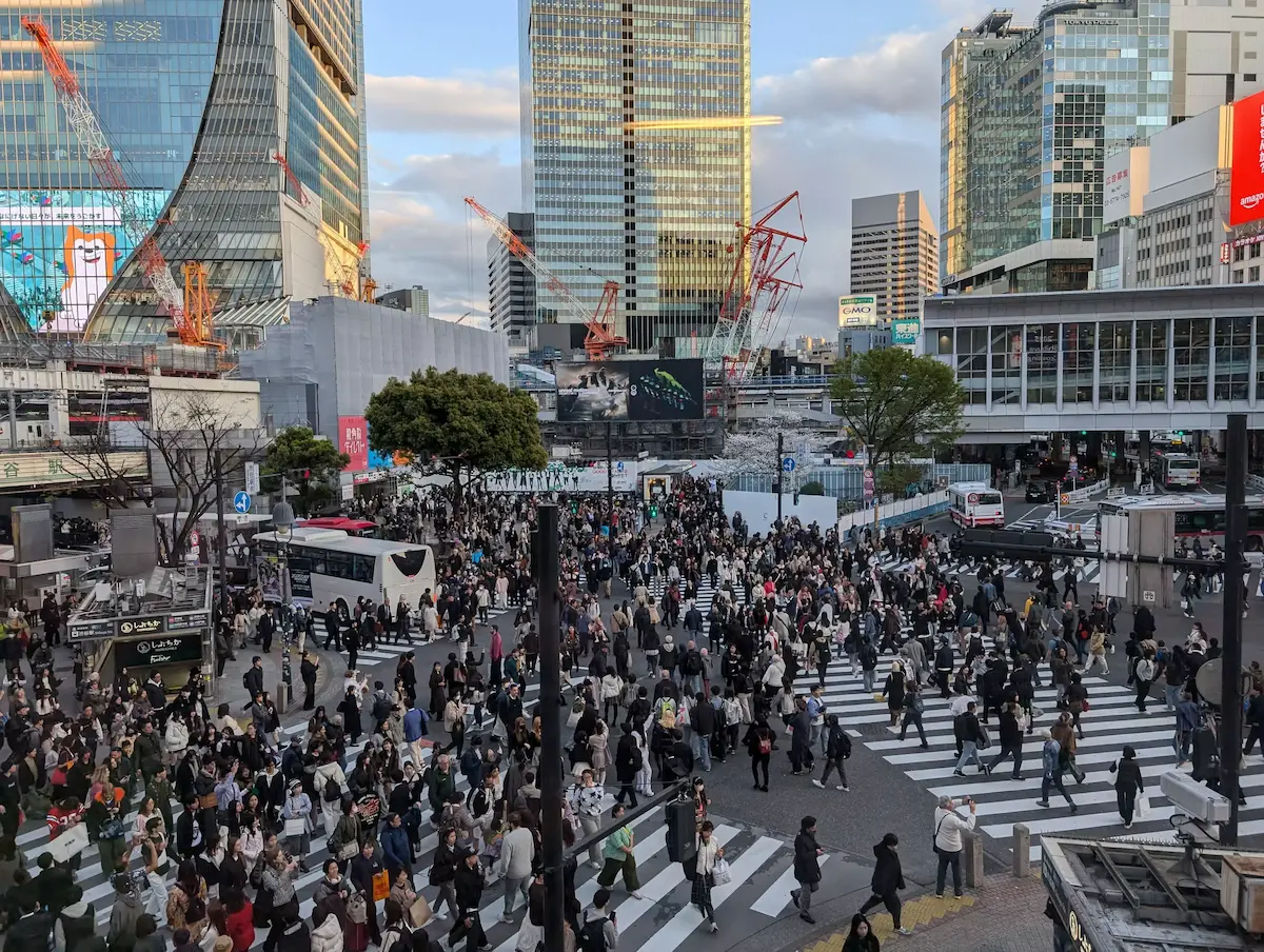 Der Ausblick von Starbucks auf die volle Shibuya Kreuzung in Tokyo