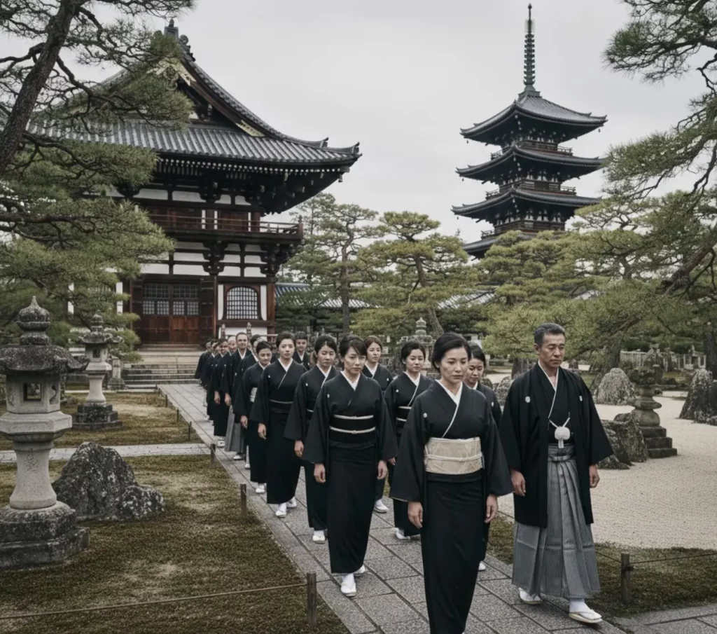 Japanische Trauerprozession: Menschen in schwarzem Kimono (Mofuku) vor einem Tempel mit Pagode. (KI-generiertes Bild)