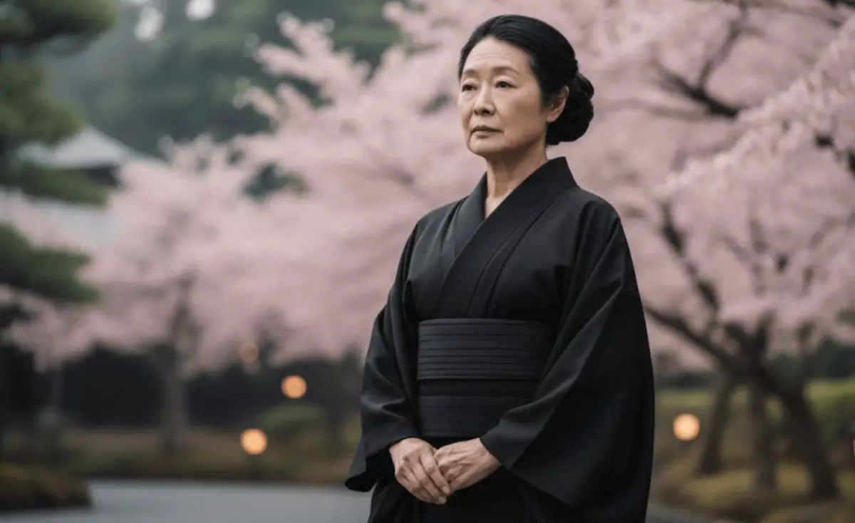 Japanische Trauerkleidung (Mofuku): Frau in schwarzem Kimono vor Kirschblüten. (KI-generiertes Bild)