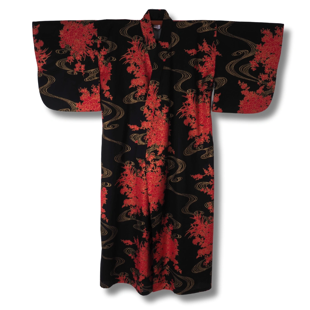 Damen Yukata schwarz mit roten Blumen & Goldakzenten Damen Yukata schwarz mit roten Blumen & Goldakzenten
