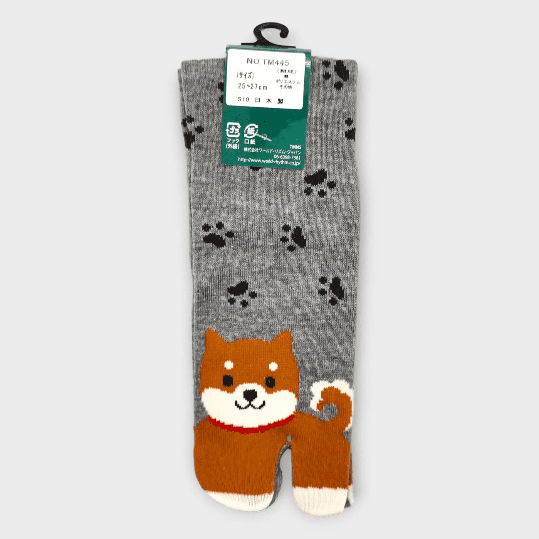 Rechte Tabi Socke in braun mit Shiba Inu in dunkelgrau