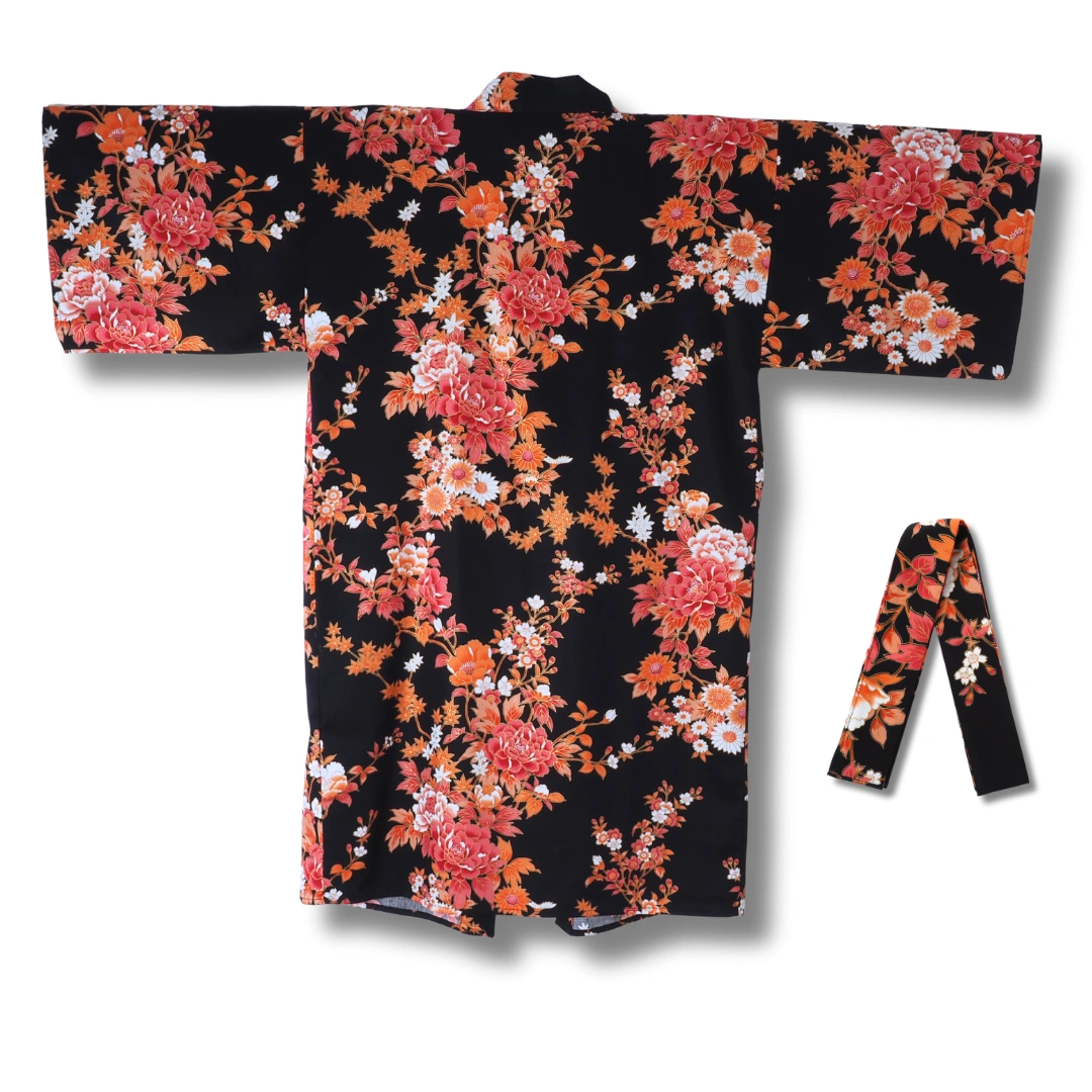 Kurzer Damen Yukata schwarz mit roten & orangenen Blumen