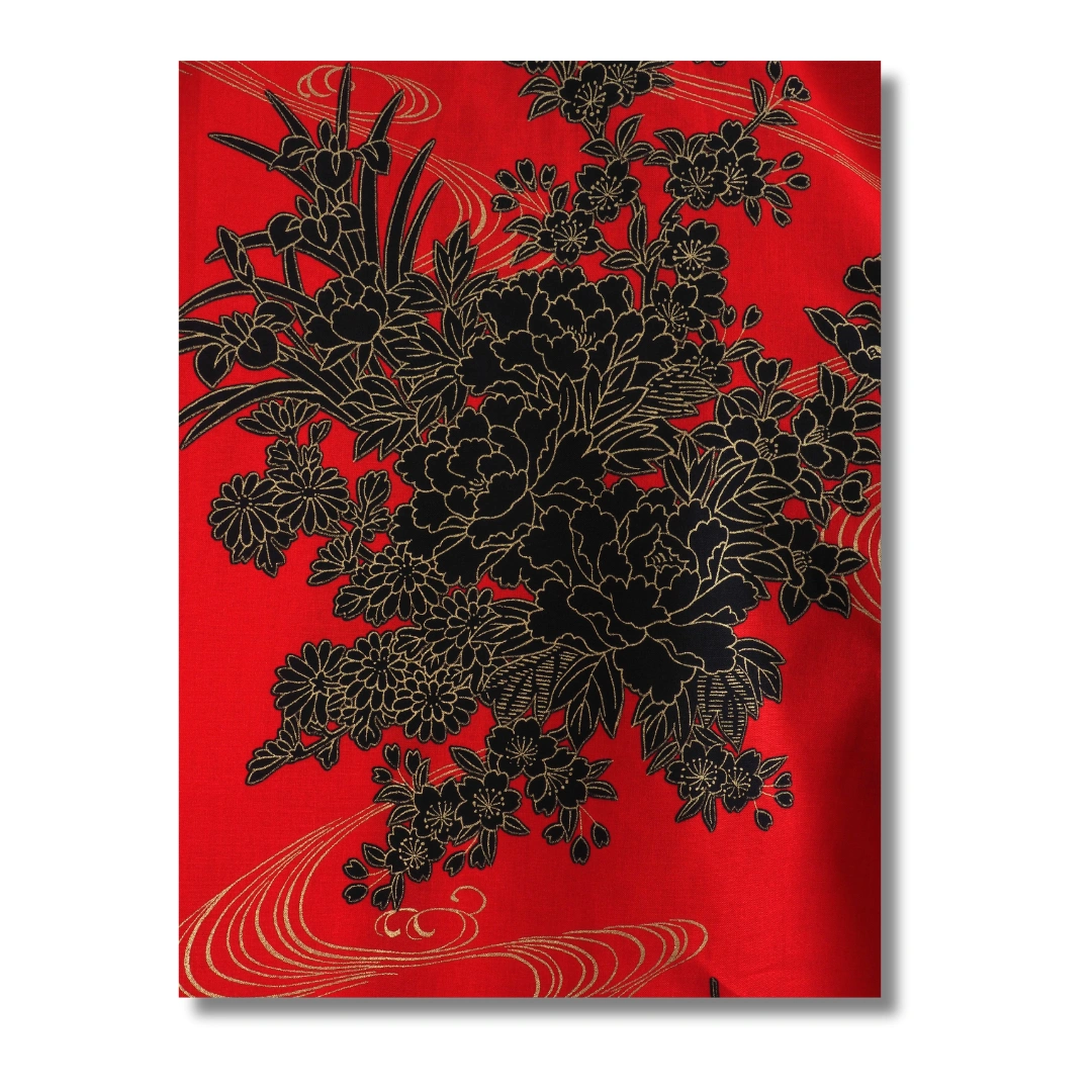 Damen Yukata rot mit schwarzen Blumen Damen Yukata rot mit schwarzen Blumen