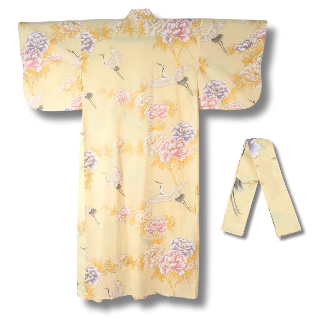 Damen Yukata gelb mit Blumen & Kranichen