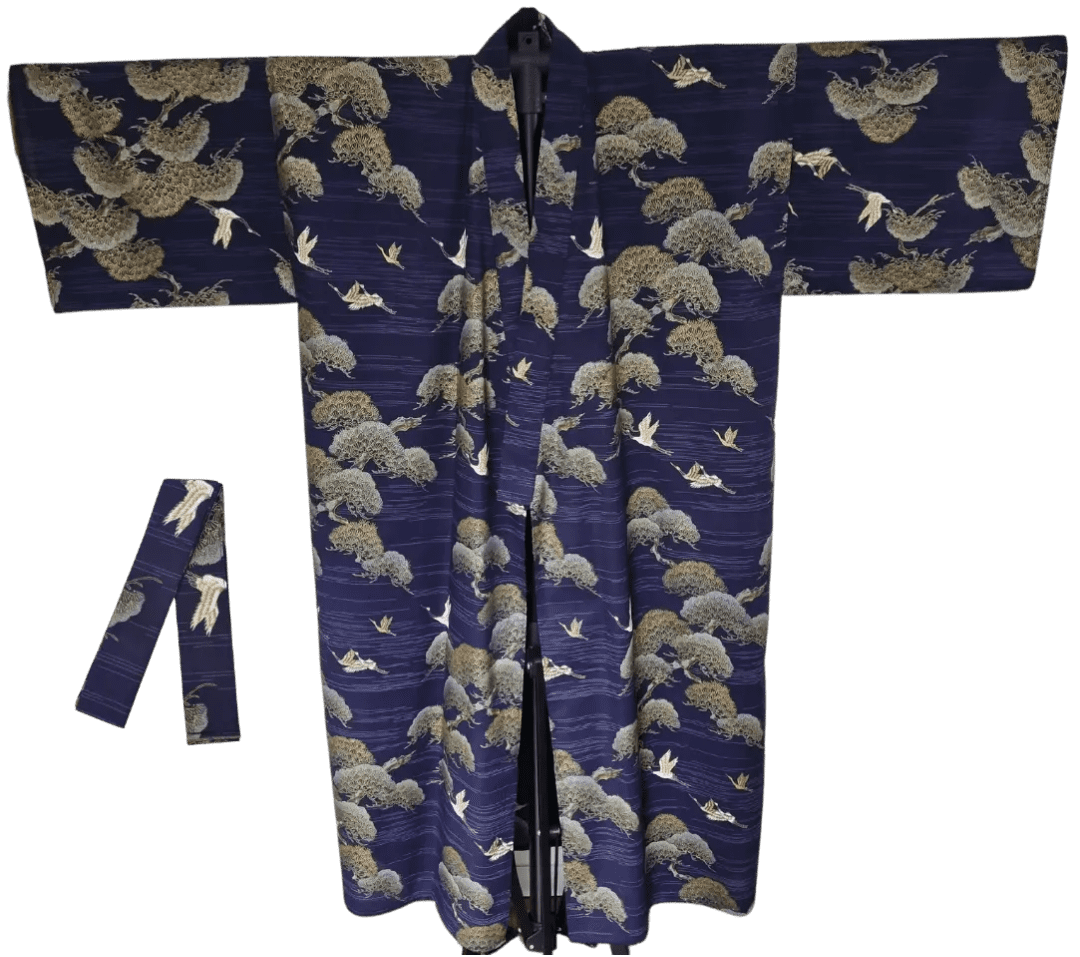 Plus Size Yukata Kranich Blau inkl. Obi