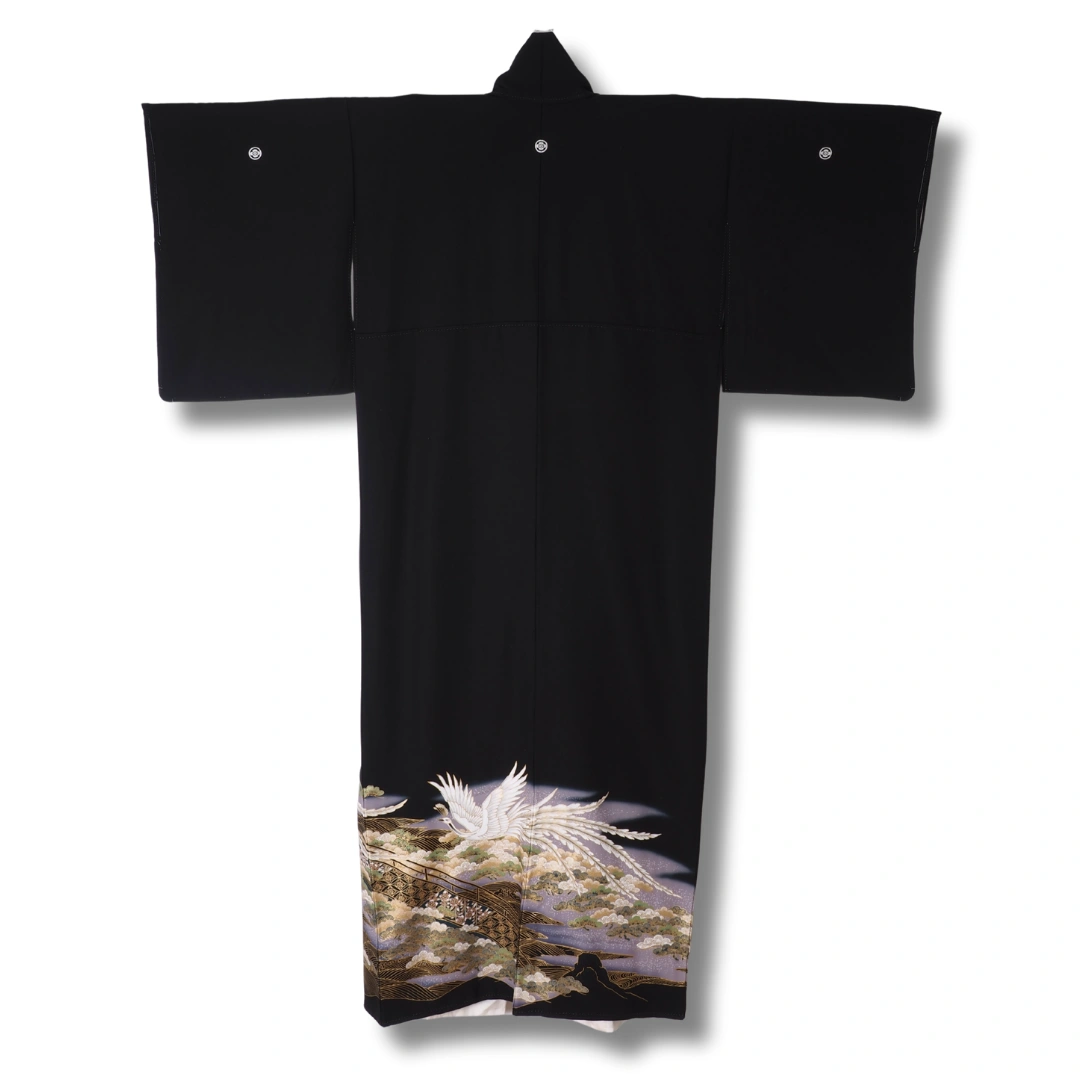 Vintage Kurotomesode Kimono Schwarz mit großem Motiv mit Kranichen