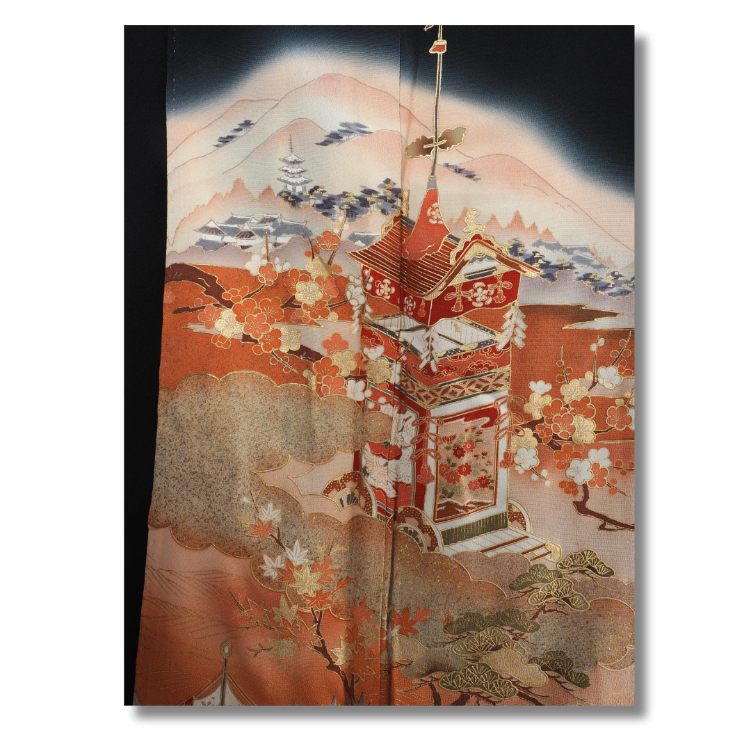 Vintage Kurotomesode Kimono schwarz mit Landschaftsmotiv in Rosé