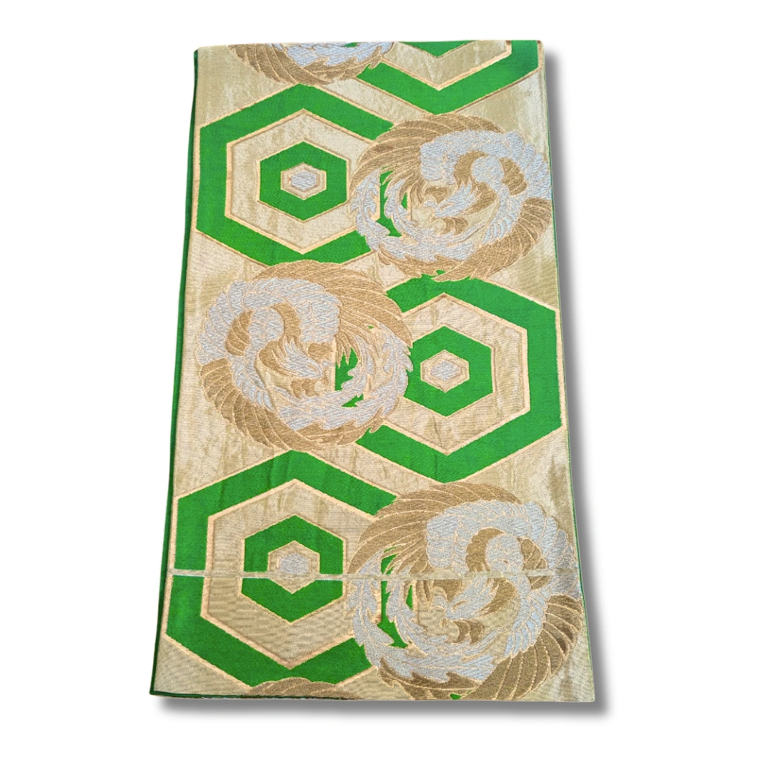 Vintage Fukuro Obi Style Gold-Grün mit Kikkō & Phönix
