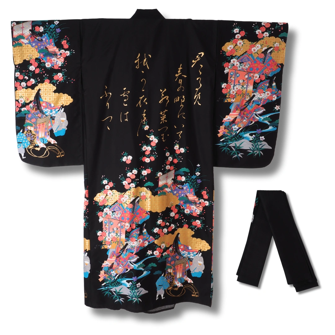 Damen Yukata schwarz mit bunten Blumen & japanischem Muster