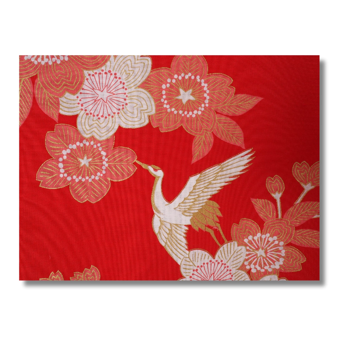 Damen Yukata kurz rot mit Kranichen & Blumen Damen Yukata kurz rot mit Kranichen & Blumen