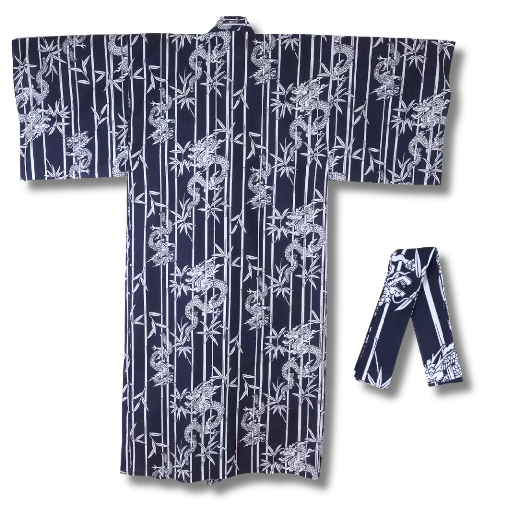 Herren Yukata dunkelblau mit weißen Drachen