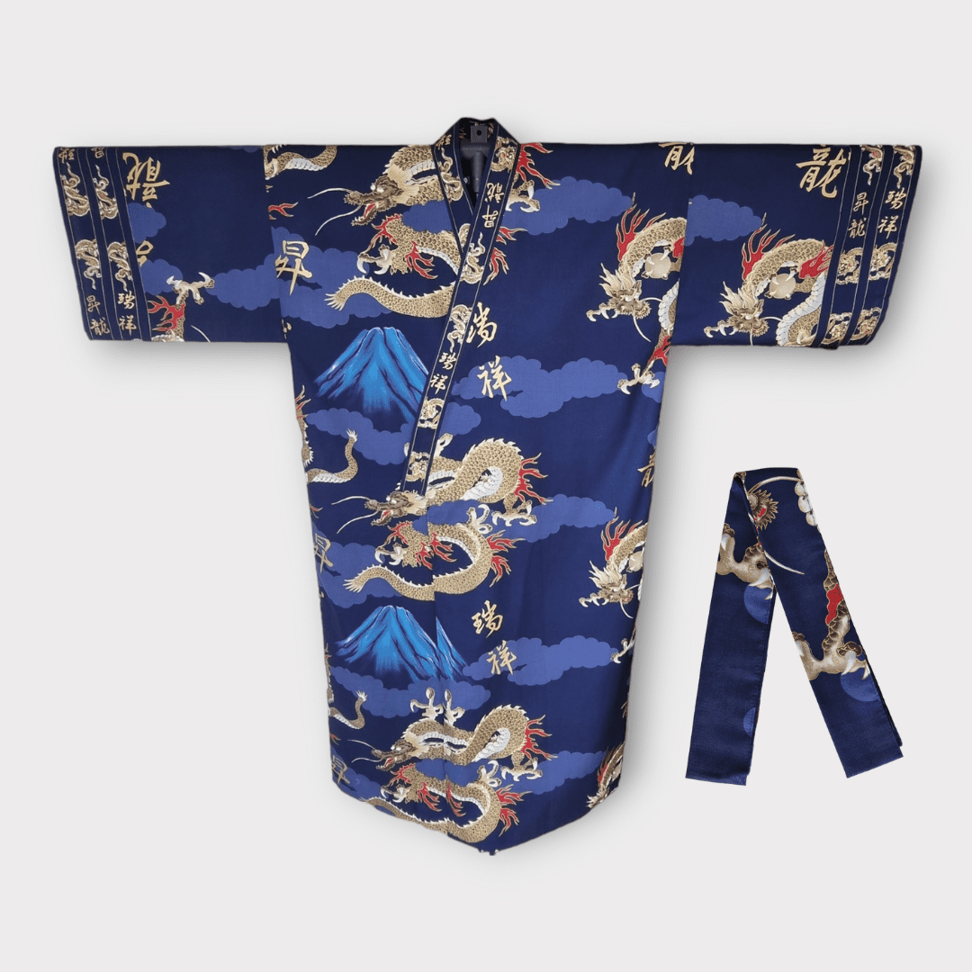 Plus Size Yukata Drache und Fuji blau inkl. Obi