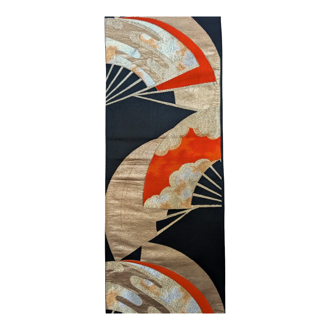 Vintage Fukuro Obi Schwarz mit Fächer