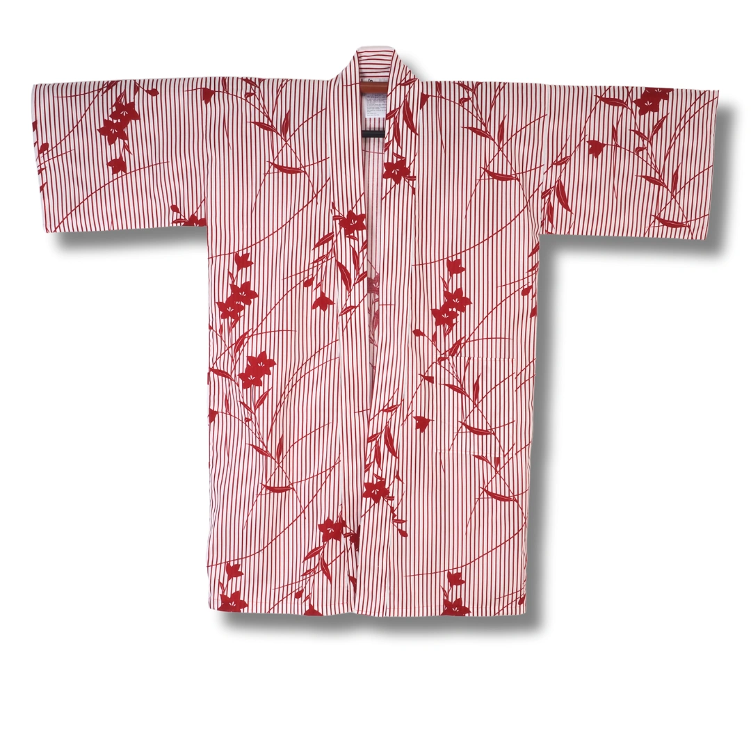Damen Yukata kurz weiß mit roten Streifen & Blumen Damen Yukata kurz weiß mit roten Streifen & Blumen