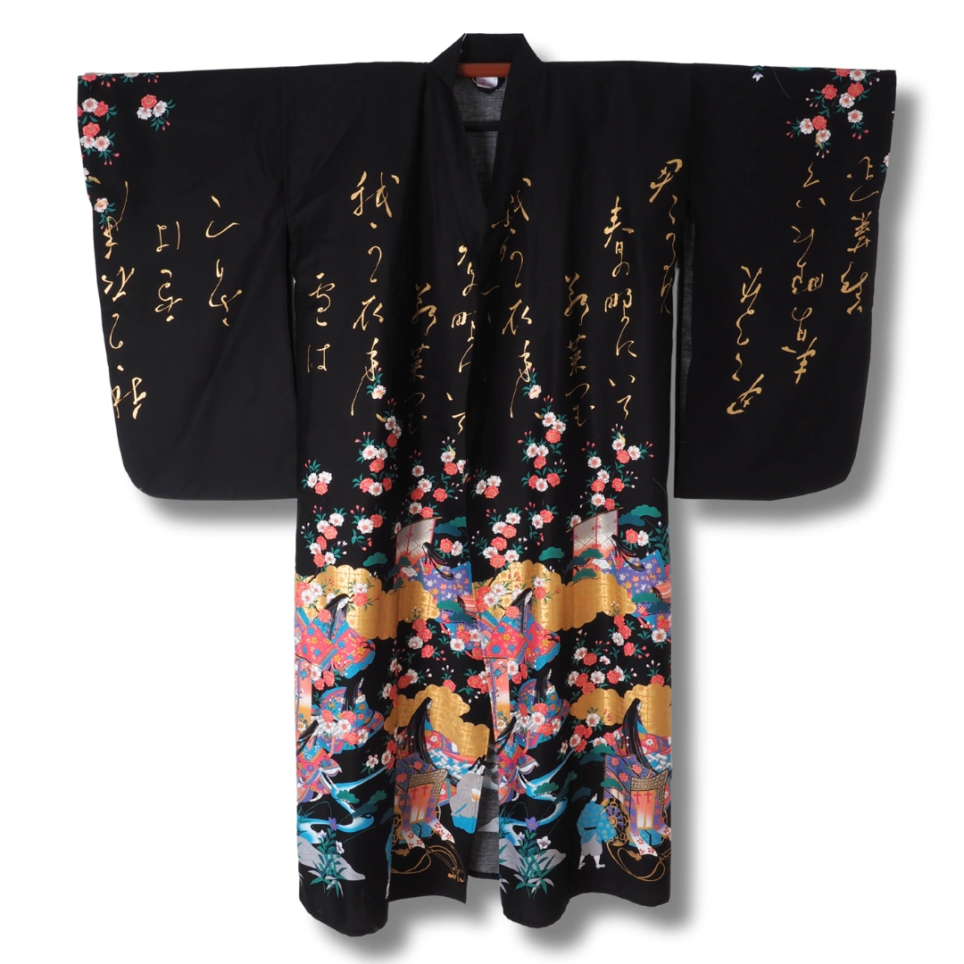 Damen Yukata schwarz mit bunten Blumen & japanischem Muster Damen Yukata schwarz mit bunten Blumen & japanischem Muster