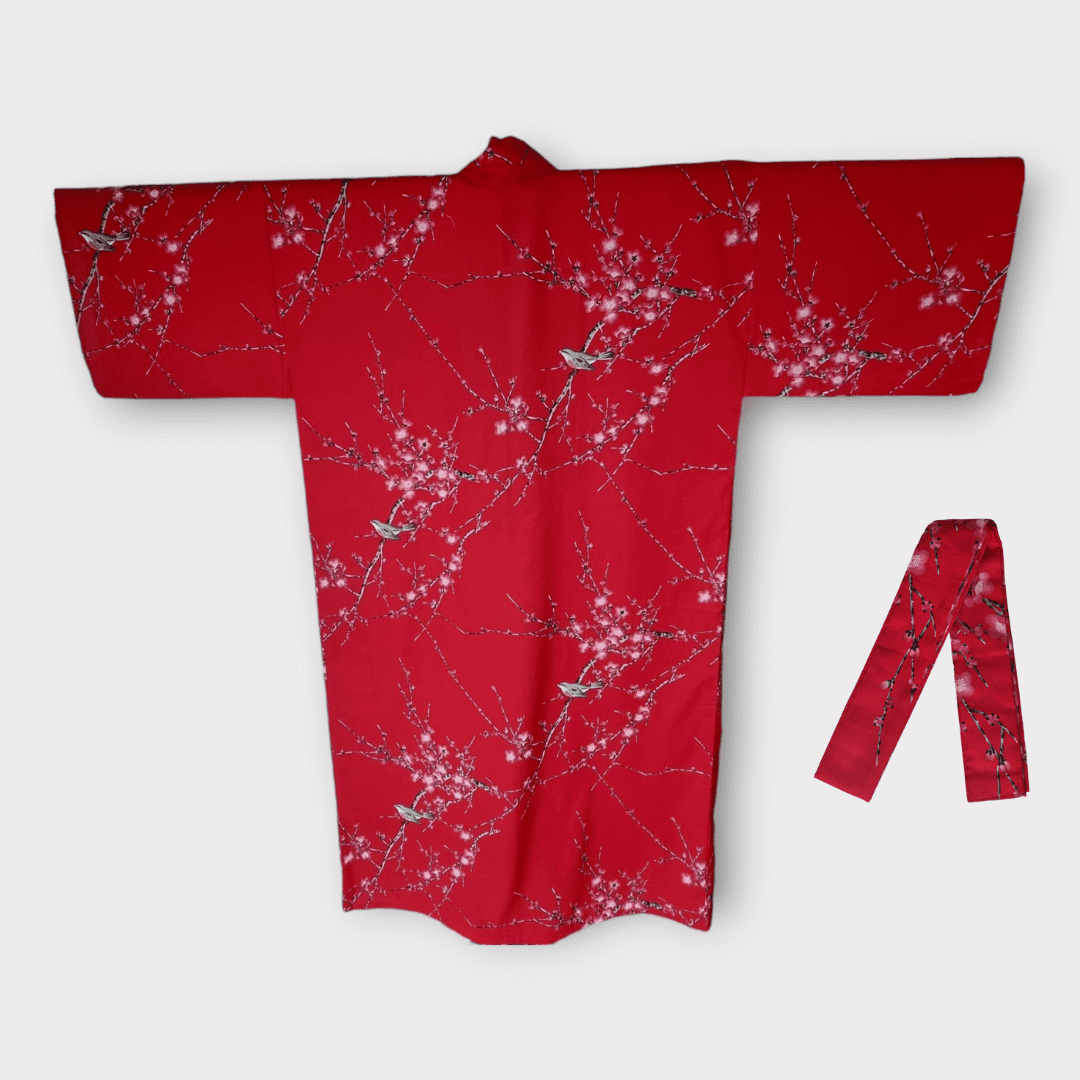 Plus Size Yukata Pflaumenblüte Rot inkl. Obi