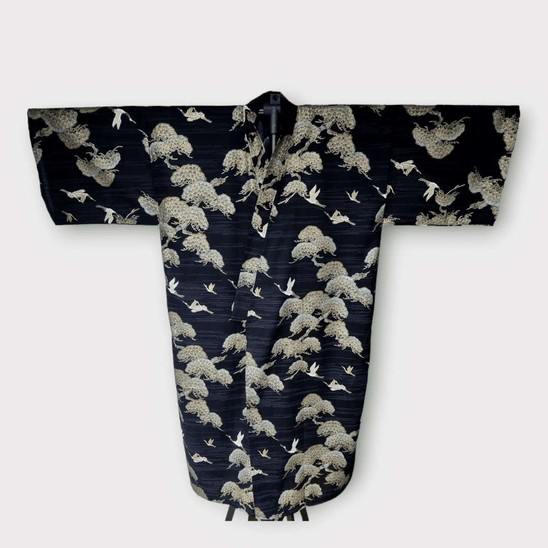 Plus Size Yukata Kranich Schwarz inkl. Obi