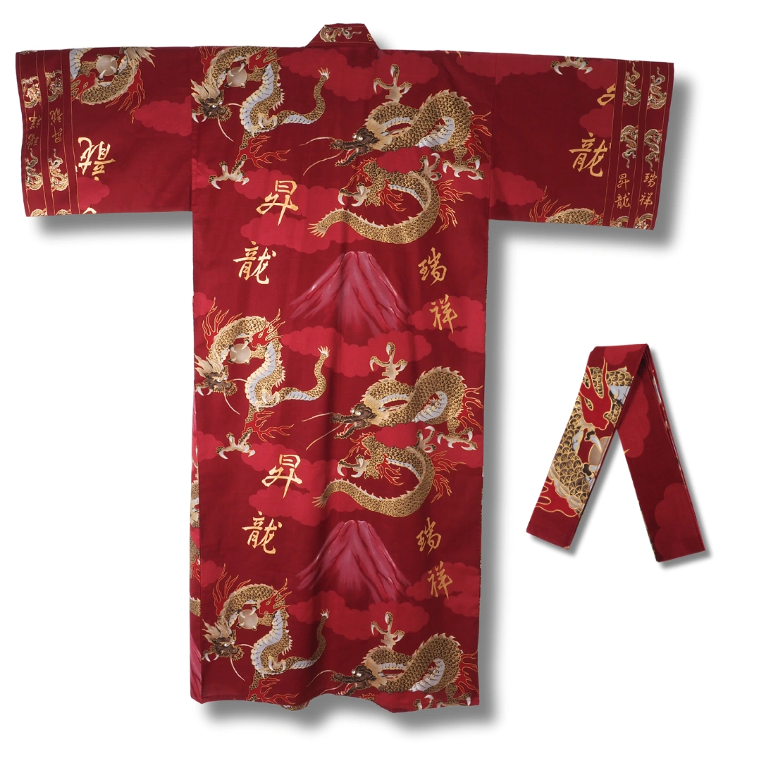 Herren Yukata dunkelrot mit goldenen Drachen
