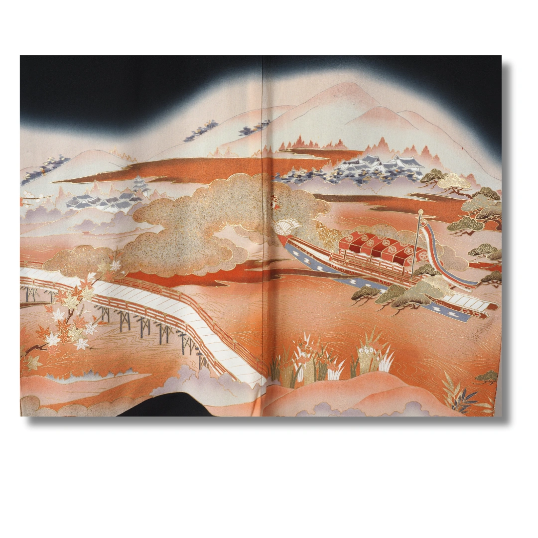Vintage Kurotomesode Kimono schwarz mit Landschaftsmotiv in Rosé