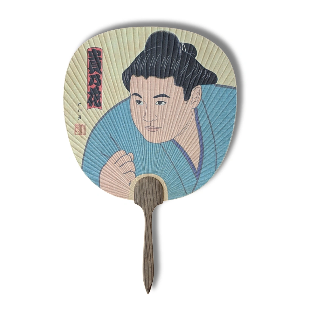 Vintage Uchiwa-Fächer Sumō-Ringer in Hellblau