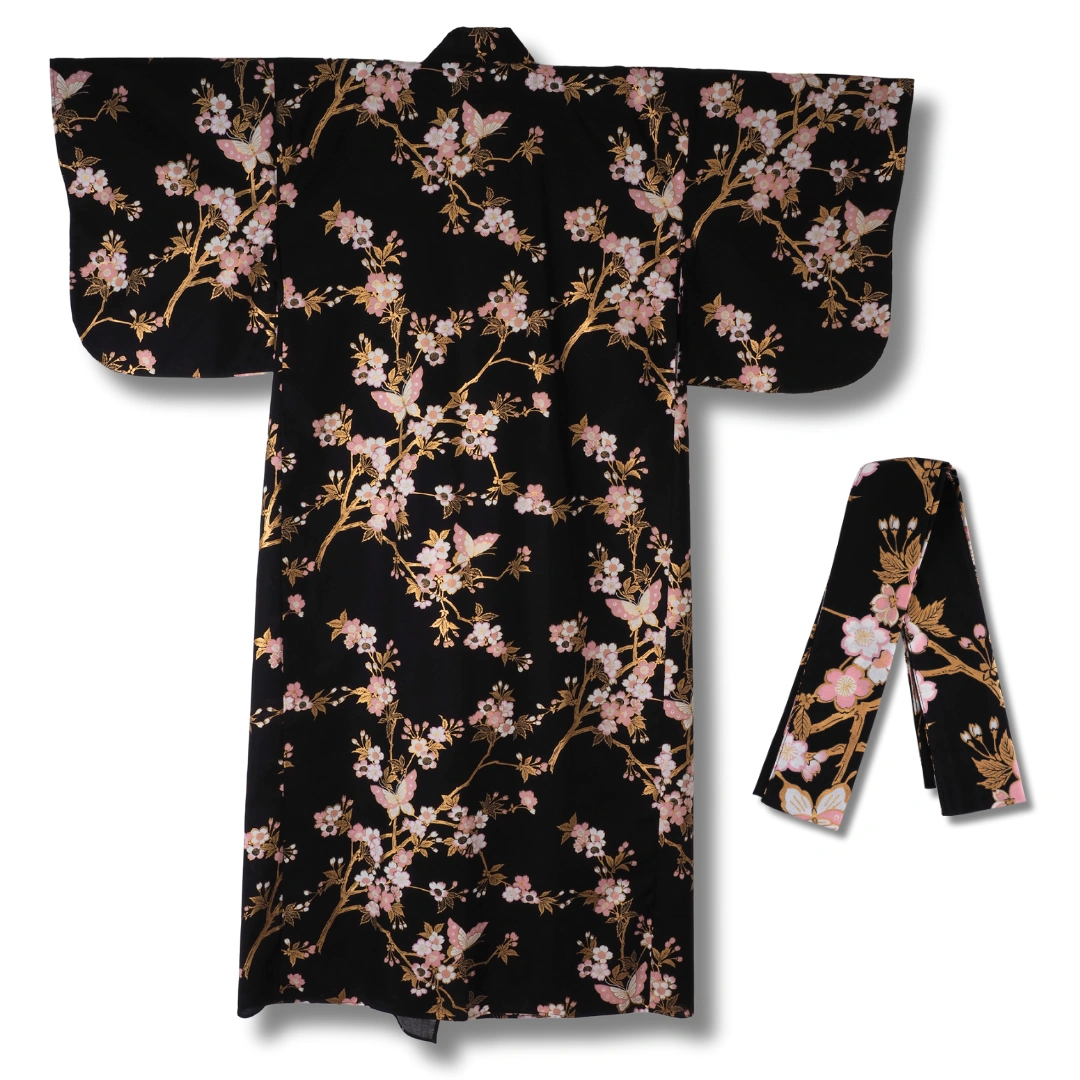 Damen Yukata – Schwarz mit rosa & weißen Blüten