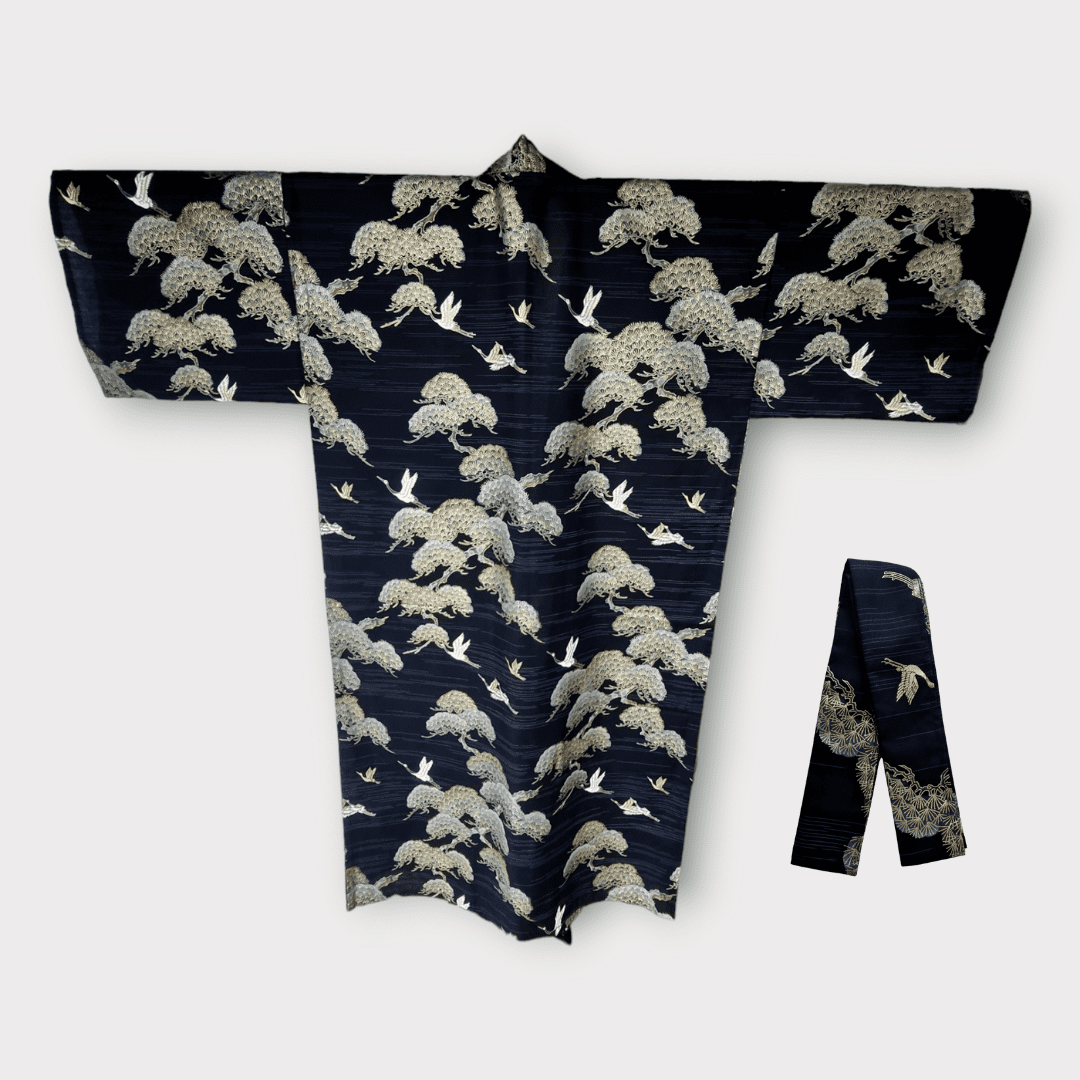 Plus Size Yukata Kranich Schwarz inkl. Obi