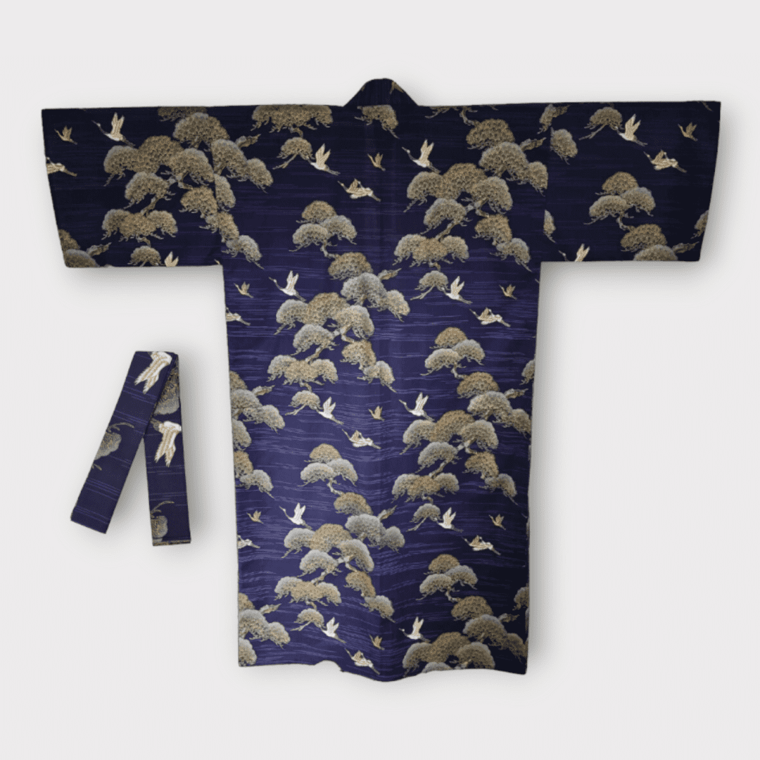 Plus Size Yukata Kranich Blau inkl. Obi