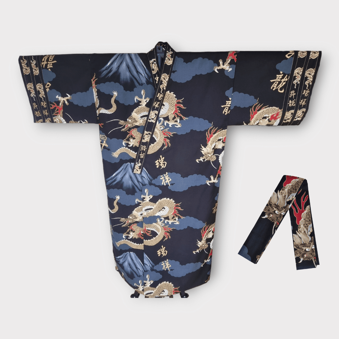 Plus Size Yukata Drache und Fuji schwarz inkl. Obi