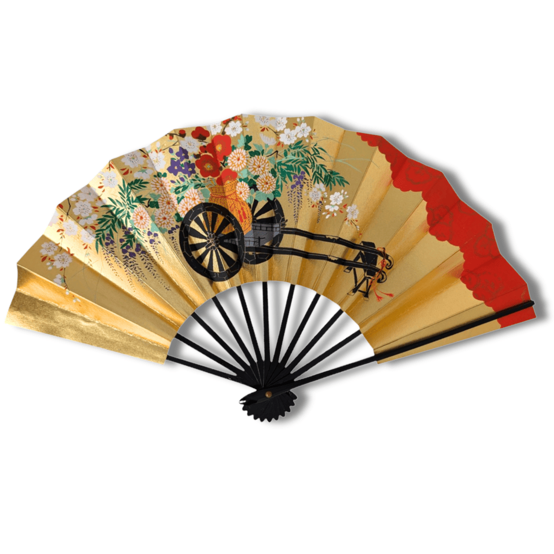 Vintage Mai-Ougi japanischer Handfächer Tanzfächer Blumenwagen