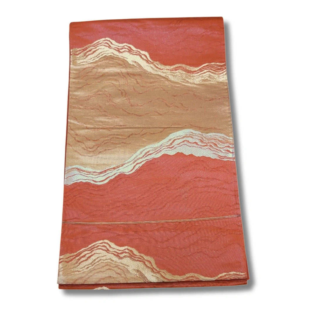 Vintage Fukuro Obi Orange mit Wellenmuster
