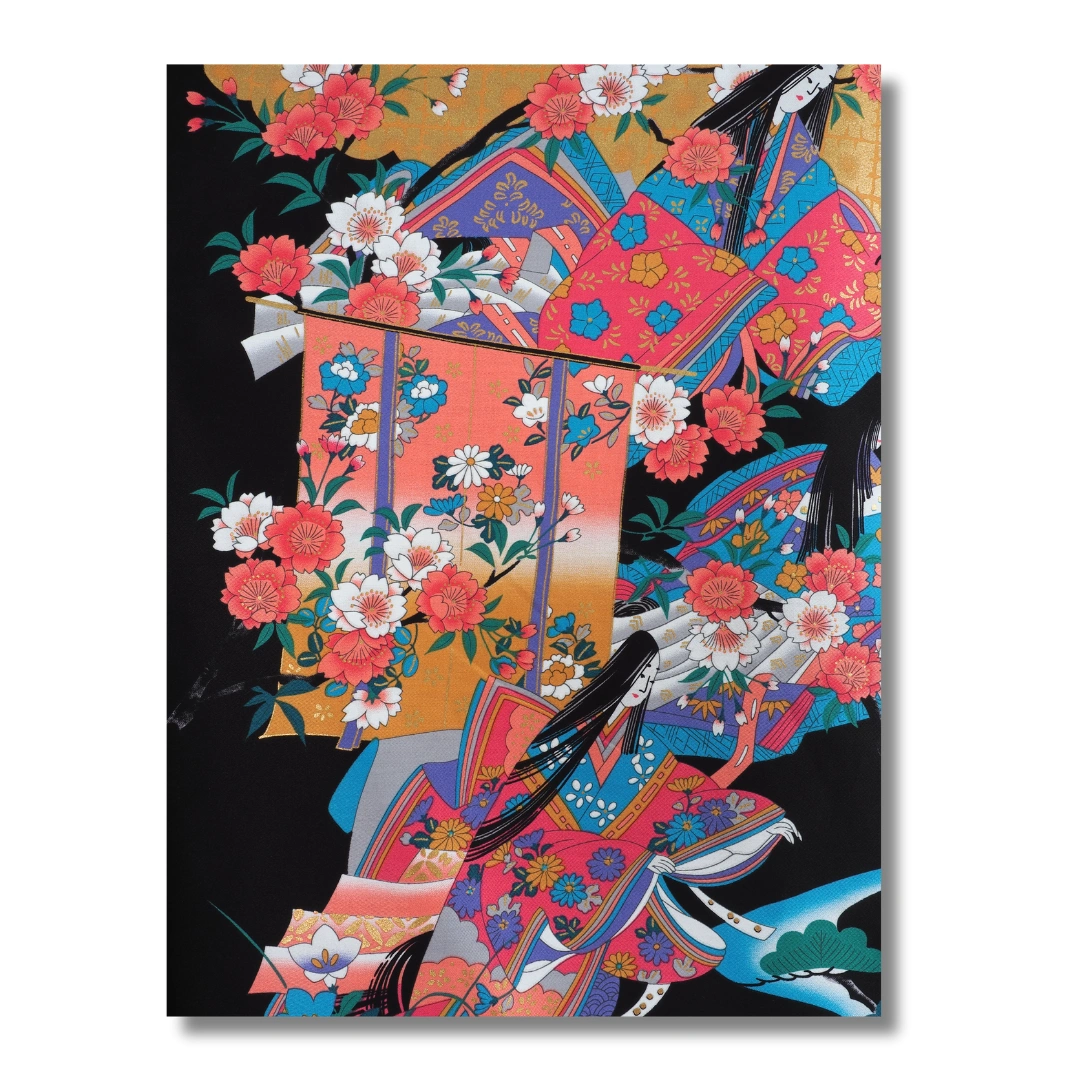 Damen Yukata schwarz mit bunten Blumen & japanischem Muster Damen Yukata schwarz mit bunten Blumen & japanischem Muster