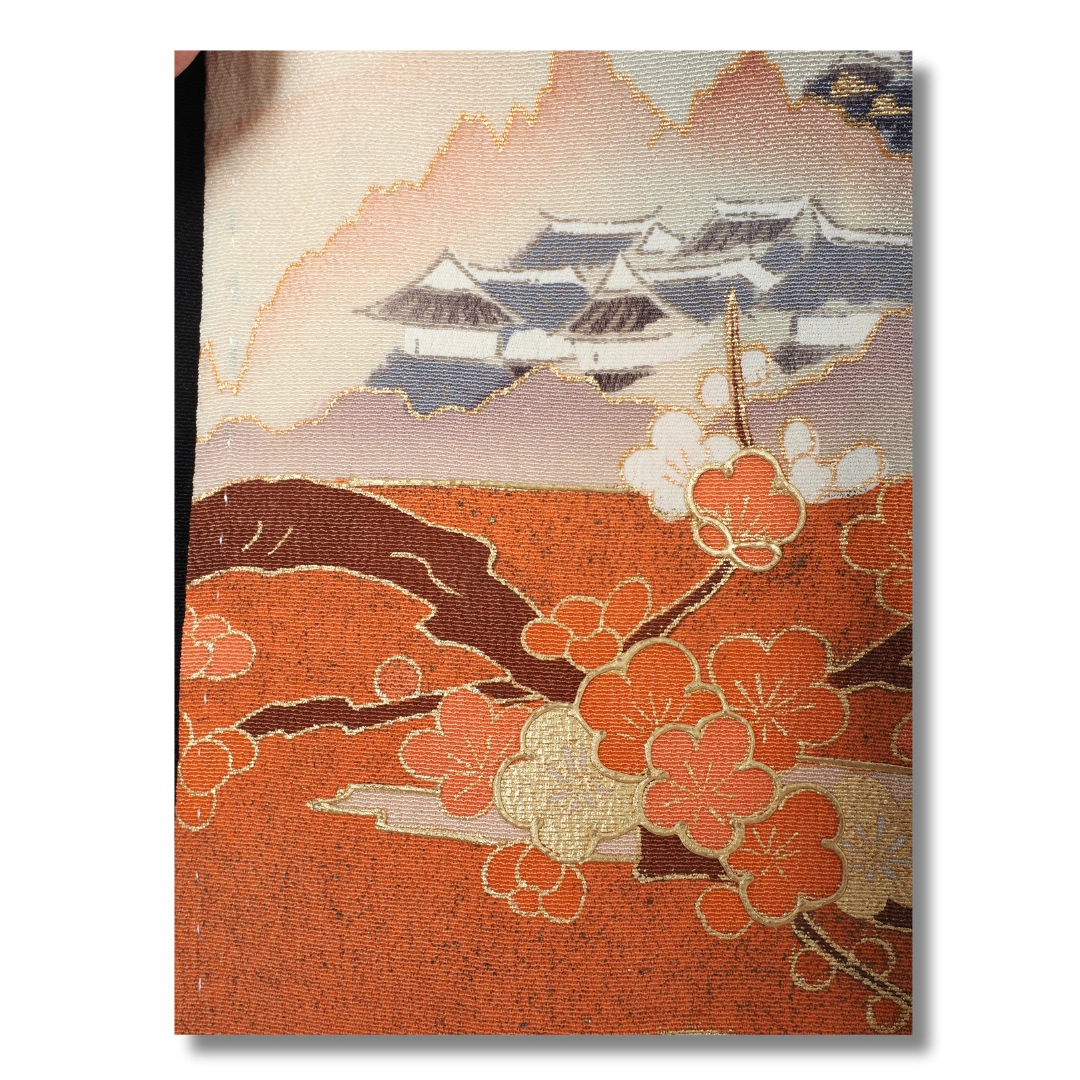 Vintage Kurotomesode Kimono schwarz mit Landschaftsmotiv in Rosé