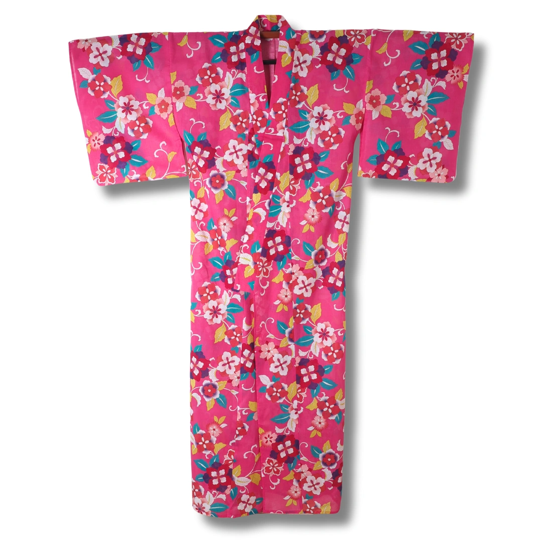 Damen Yukata pink mit bunten Blumen