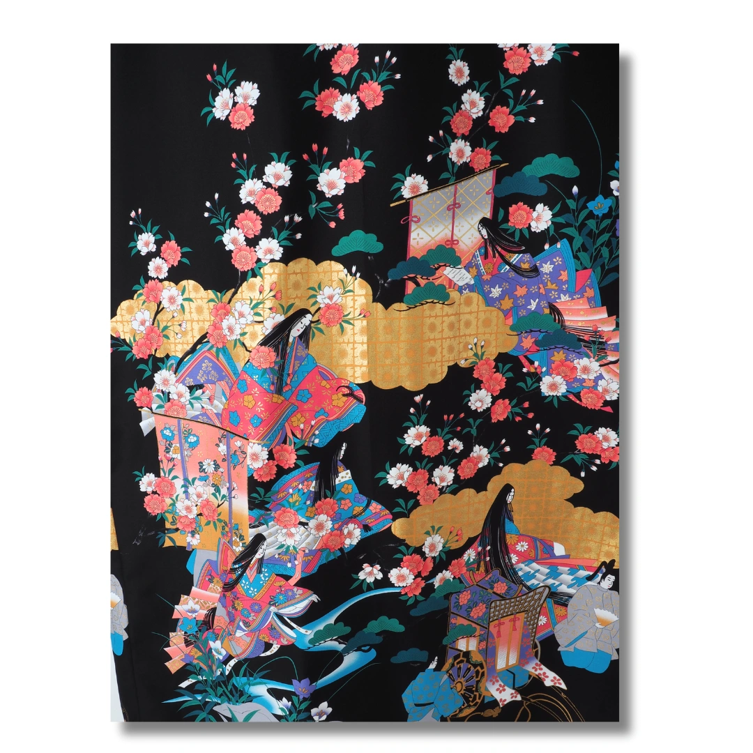 Damen Yukata schwarz mit bunten Blumen & japanischem Muster Damen Yukata schwarz mit bunten Blumen & japanischem Muster
