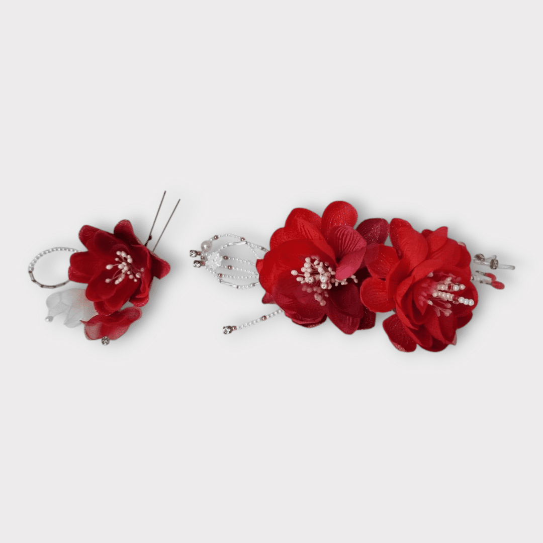 Vintage Kanzashi Set 2-teilig rote Blumen