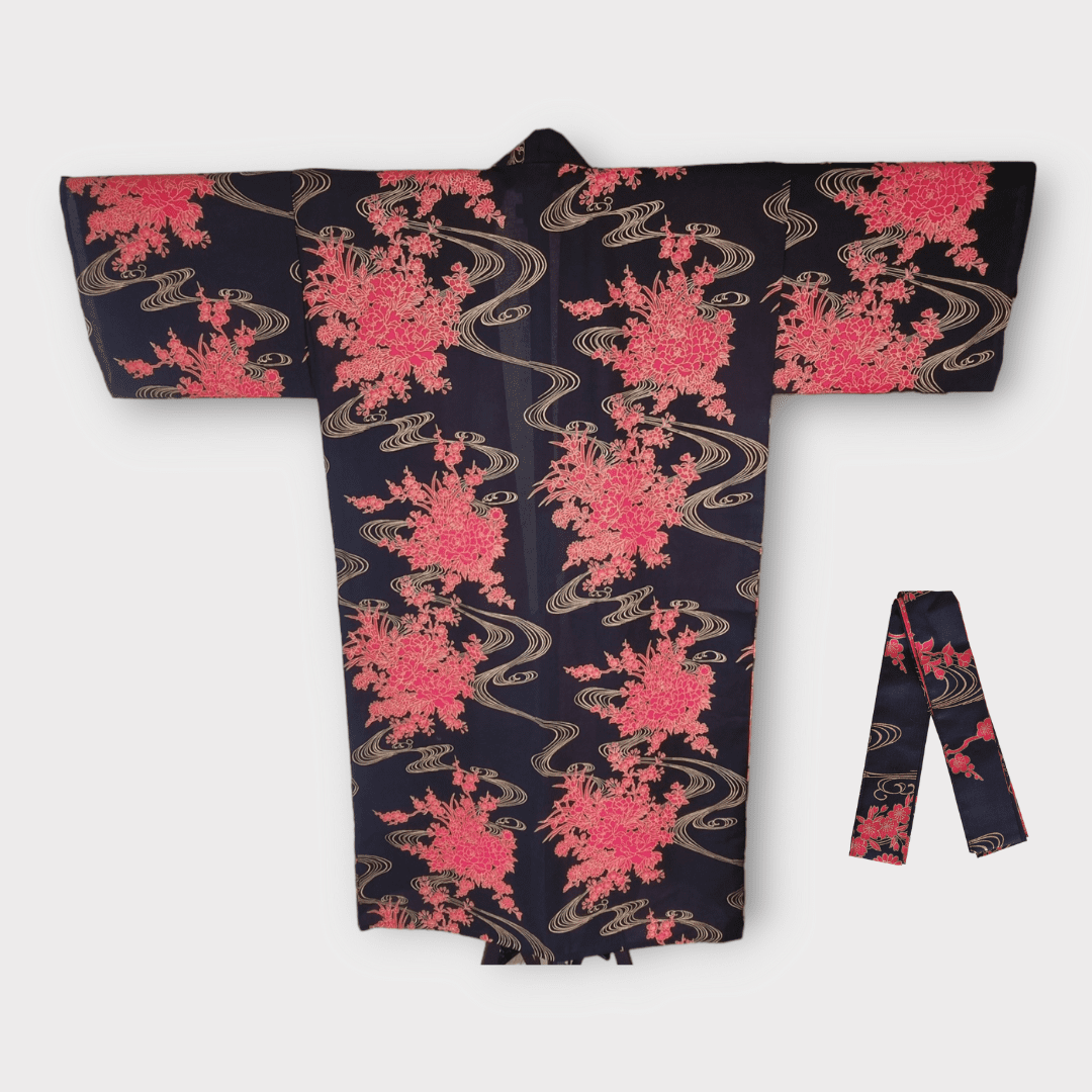 Plus Size Yukata Kawa Schwarz inkl. Obi