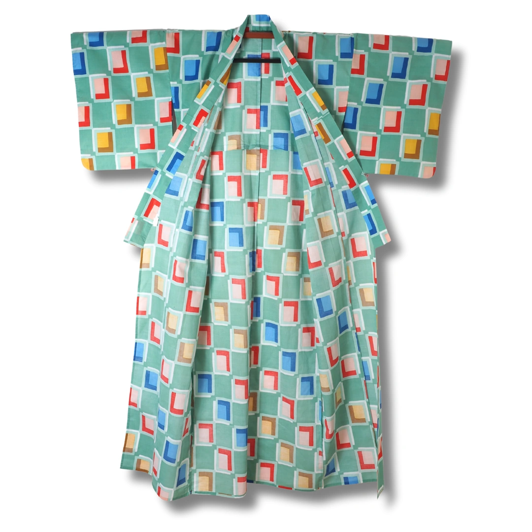 Damen Yukata Grün mit bunten Vierecken Damen Yukata Grün mit bunten Vierecken