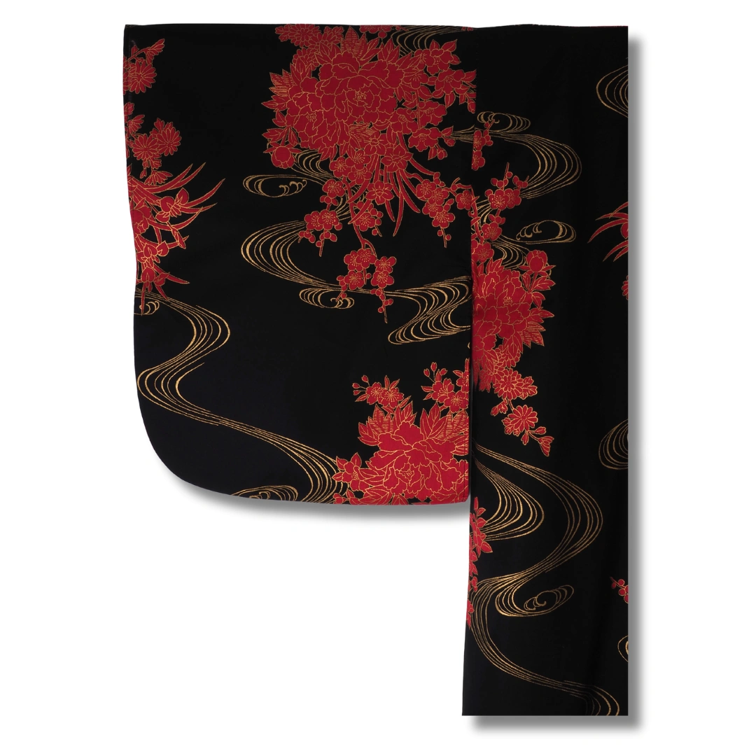 Damen Yukata schwarz mit roten Blumen & Goldakzenten Damen Yukata schwarz mit roten Blumen & Goldakzenten