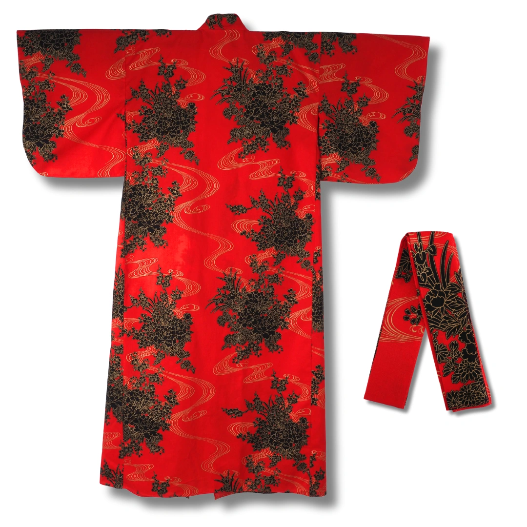 Damen Yukata rot mit schwarzen Blumen