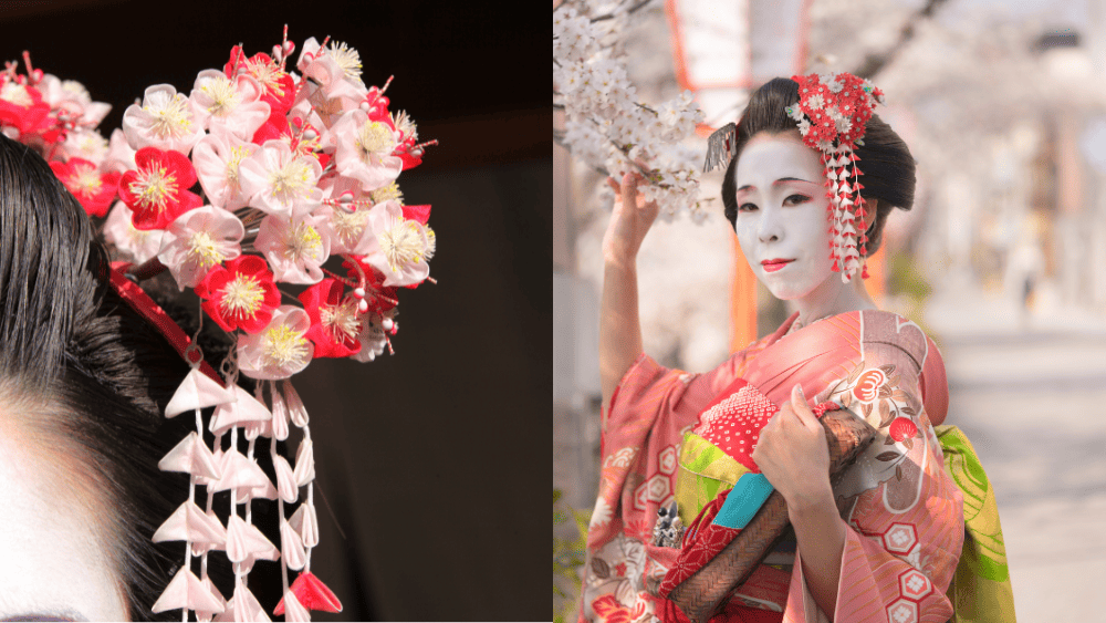 Geisha trägt Kanzashi Haaarschmuck