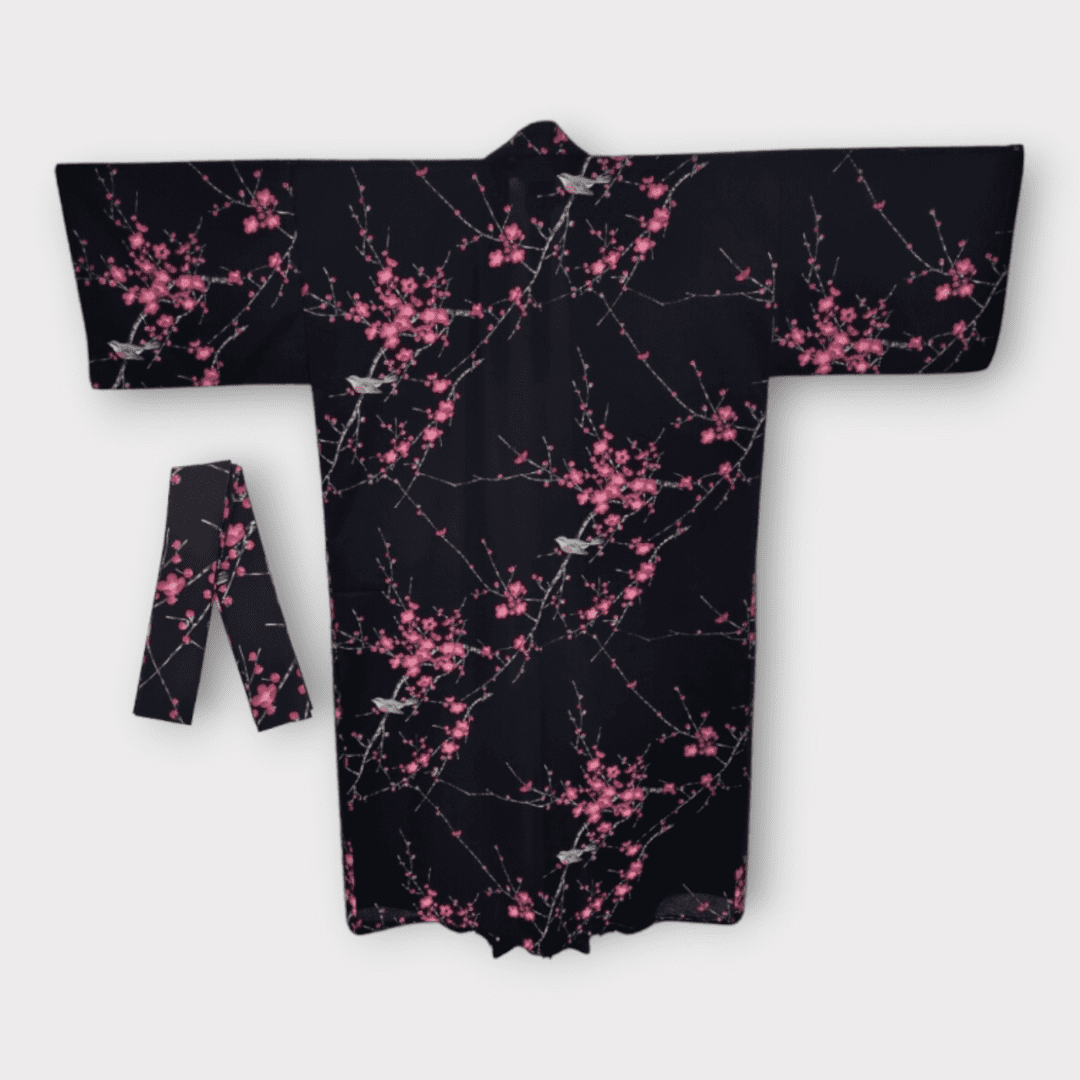 Plus Size Yukata Pflaumenblüte schwarz inkl. Obi