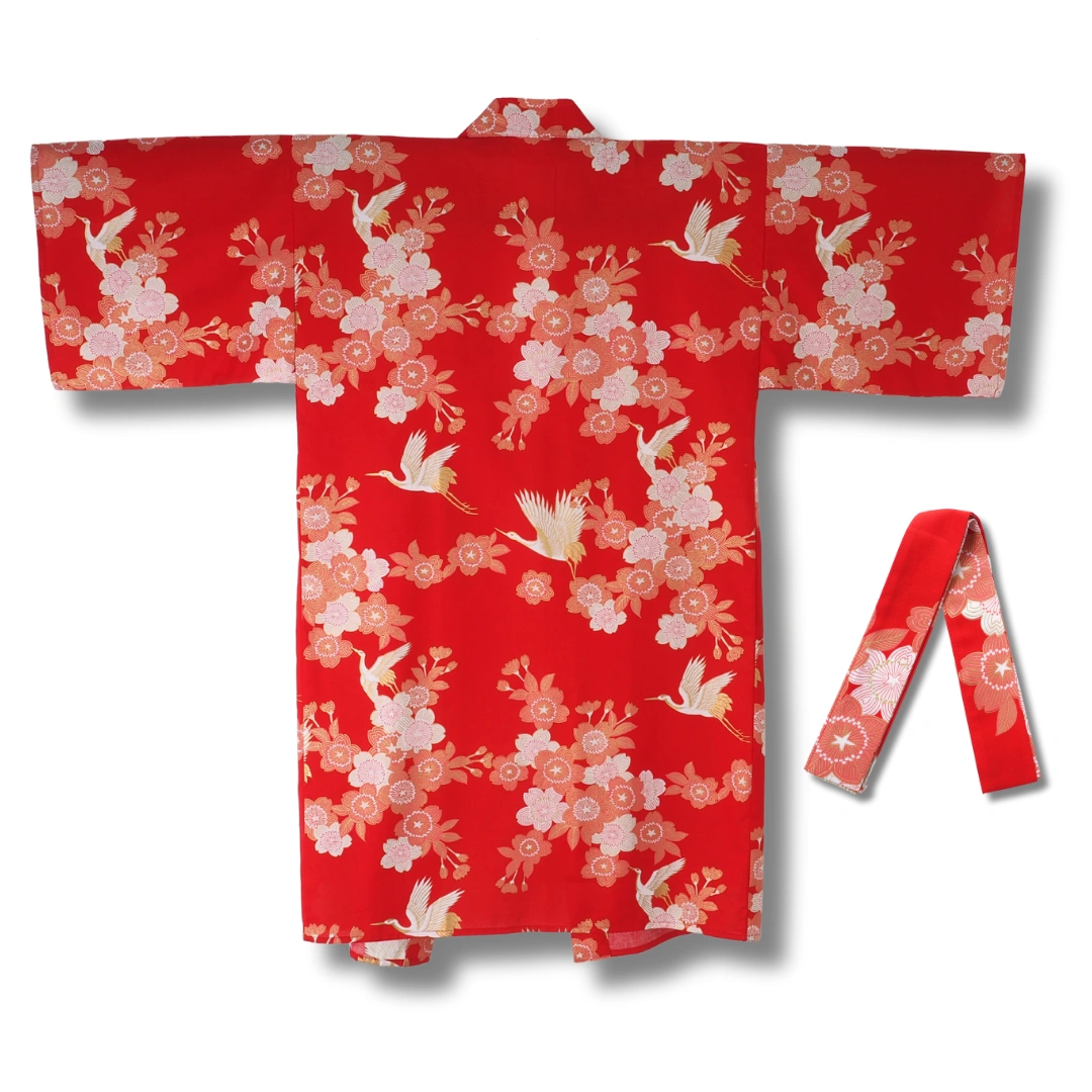 Damen Yukata kurz rot mit Kranichen & Blumen