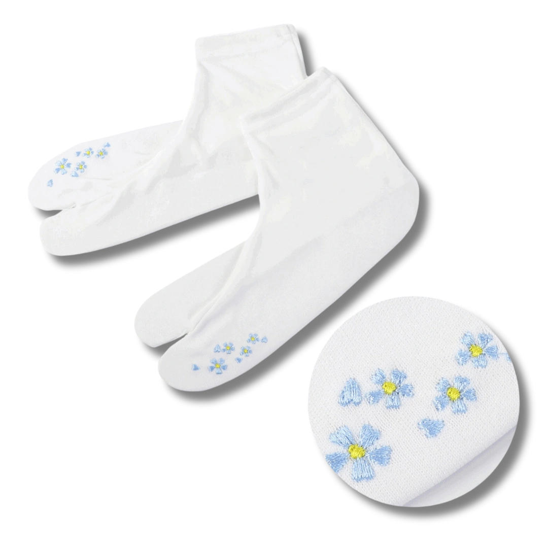 Tabi-Socken Weiß mit Kirschblüten-Stickerei Blau