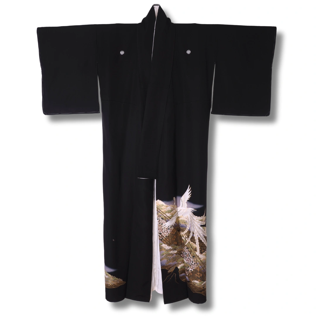 Vintage Kurotomesode Kimono Schwarz mit großem Motiv mit Kranichen