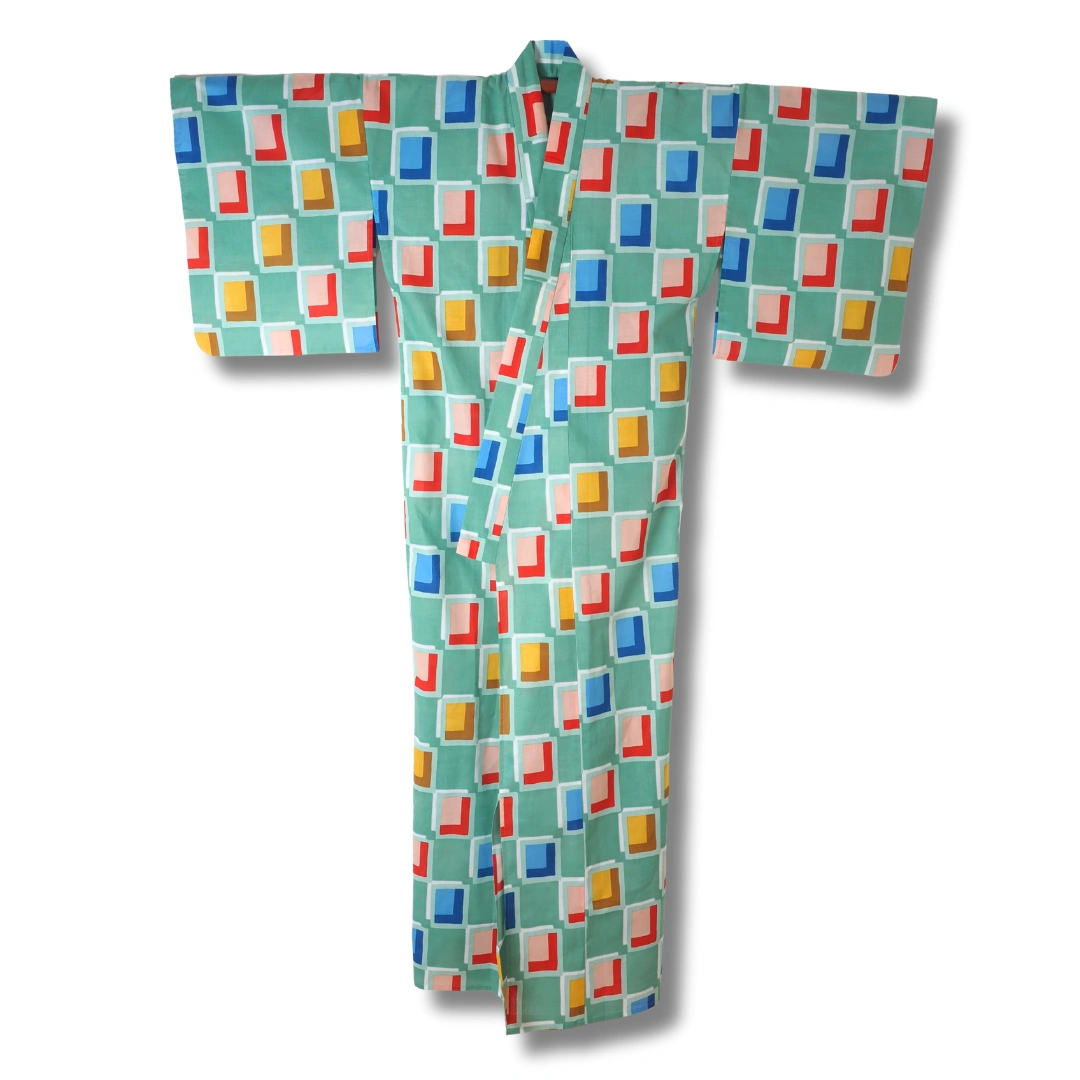 Damen Yukata Grün mit bunten Vierecken