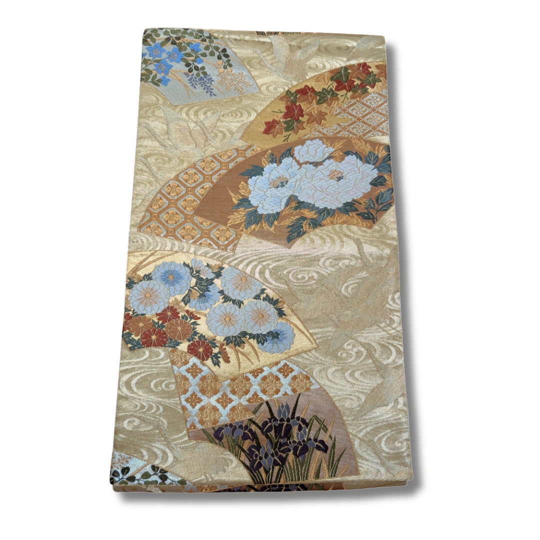 Vintage Fukuro Obi Goldbeige Fächer & Kraniche