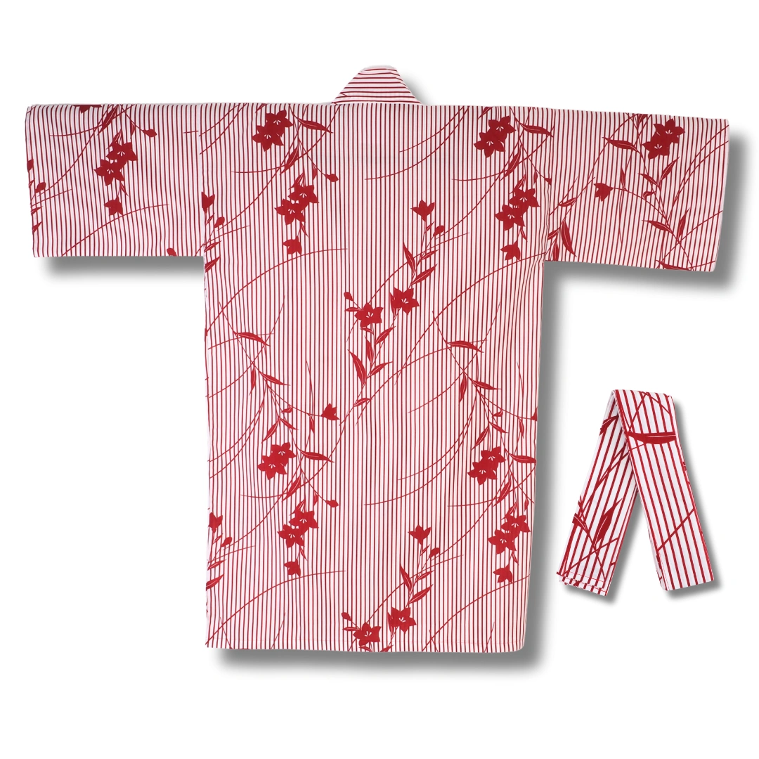 Damen Yukata kurz weiß mit roten Streifen & Blumen