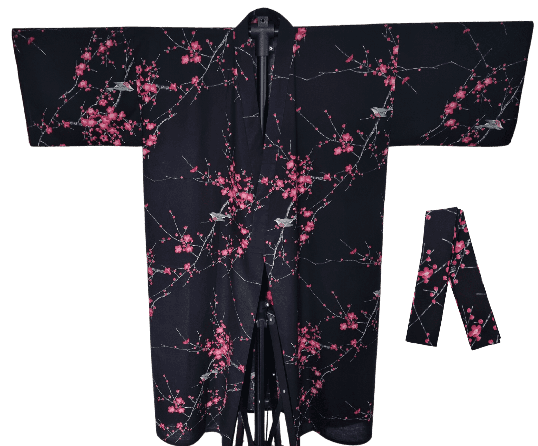 Plus Size Yukata Pflaumenblüte schwarz inkl. Obi